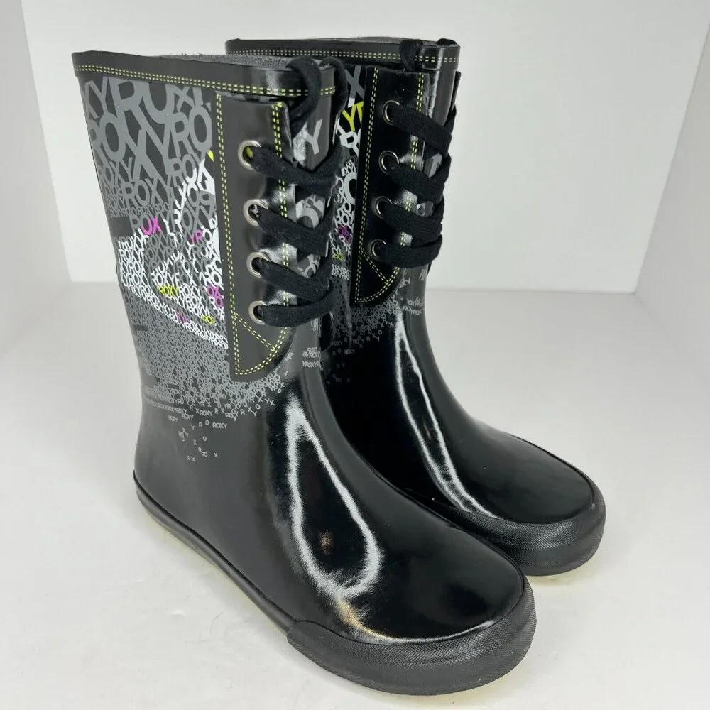 Roxy Womens Drizzle Black Lace Up Rubber Mid Calf Slip On Size 7 Rain Boots